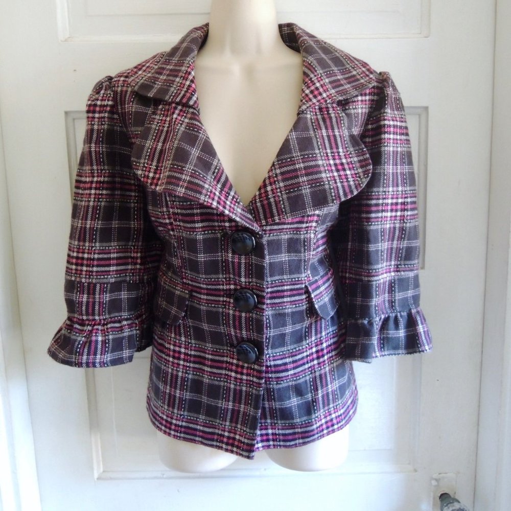 Mac & Jac Pink & Gray Plaid Ruffle Sleeve Fitted Jacket M